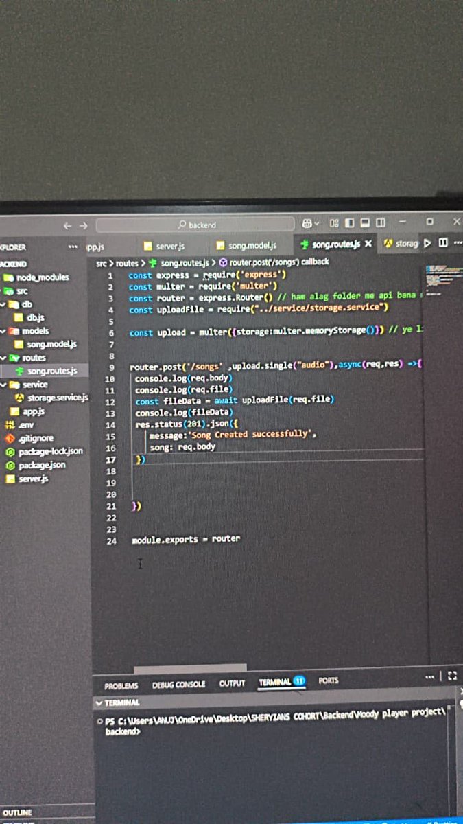 AnujKus33788991's tweet image. Day 3 ✅ of my #75DaysOfCode
Connected DB with Express ⚡
Learned Multer for file uploads 📂
Tried uploading a song with ImageKit 🎵
Step by step, backend is getting more fun 💻🚀
#NodeJS #ExpressJS #BackendDev #Multer #ImageKit