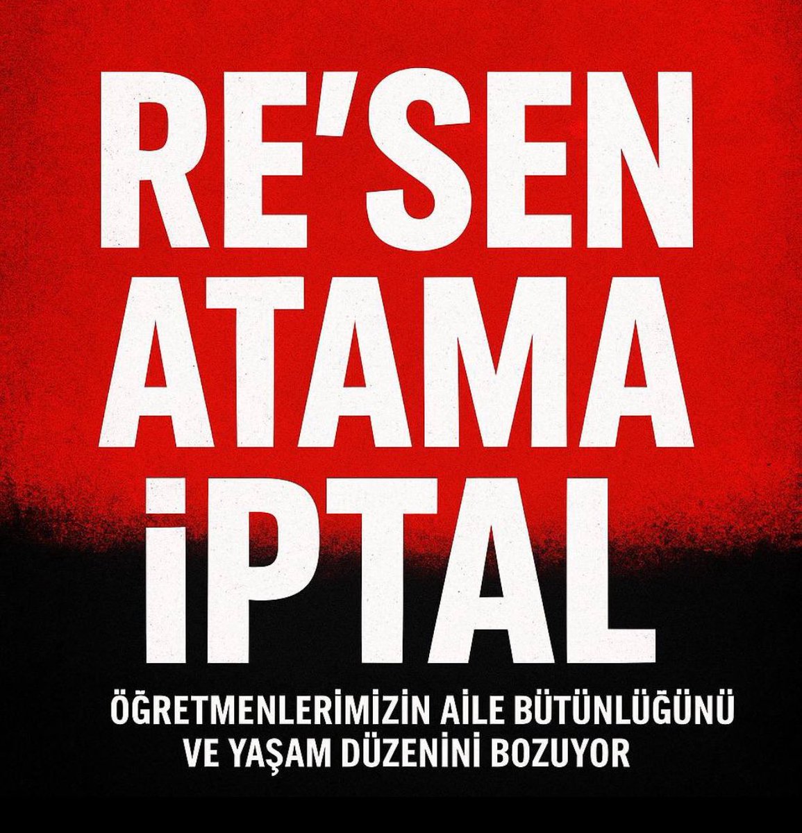 Norm fazlası öğretmenlerin re’sen uzak ilçelere gönderilmesi adil değildir. Re’sen atama, öğretmenin hayatına tek taraflı müdahaledir.
#ResenVarAileYok

<a href="/tcmeb/">Millî Eğitim Bakanlığı</a> <a href="/mebpgm/">Personel Genel Müdürlüğü</a> <a href="/_aliyalcin_/">Ali YALÇIN</a> <a href="/TalipGeylan06/">Talip Geylan</a> <a href="/EgitimBirSen/">Eğitim-Bir-Sen</a> <a href="/turkegitimsen/">Türk Eğitim Sen</a> <a href="/egitimis/">Eğitim-İş</a> <a href="/edipuzen/">Edip Üzen</a>  <a href="/cuneytiltus/">Cüneyt İltuş</a> <a href="/Yusuf__Tekin/">Yusuf Tekin</a>