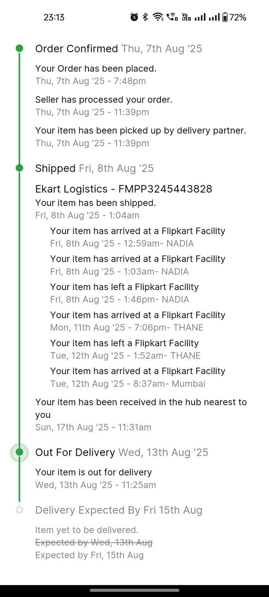 iamrohitjais's tweet photo. @flipkartsupport I see u are not reading my comments..ur support team is useless and does not provide any resolution..you better arrange call or solve and provide feedback..today is 22nd aug and it still reads delivery on 15th. Not sure which timeline you are following.SHAME @Flipkart @_Kalyan_K https://t.co/APTlstQjT7