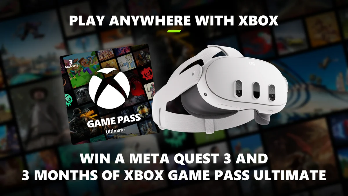 Promotional image showing an Xbox Game Pass Ultimate card and a Meta Quest 3 headset with the text "Play anywhere with Xbox. Win a Meta Quest 3 and 3 months of Xbox Game Pass Ultimate."