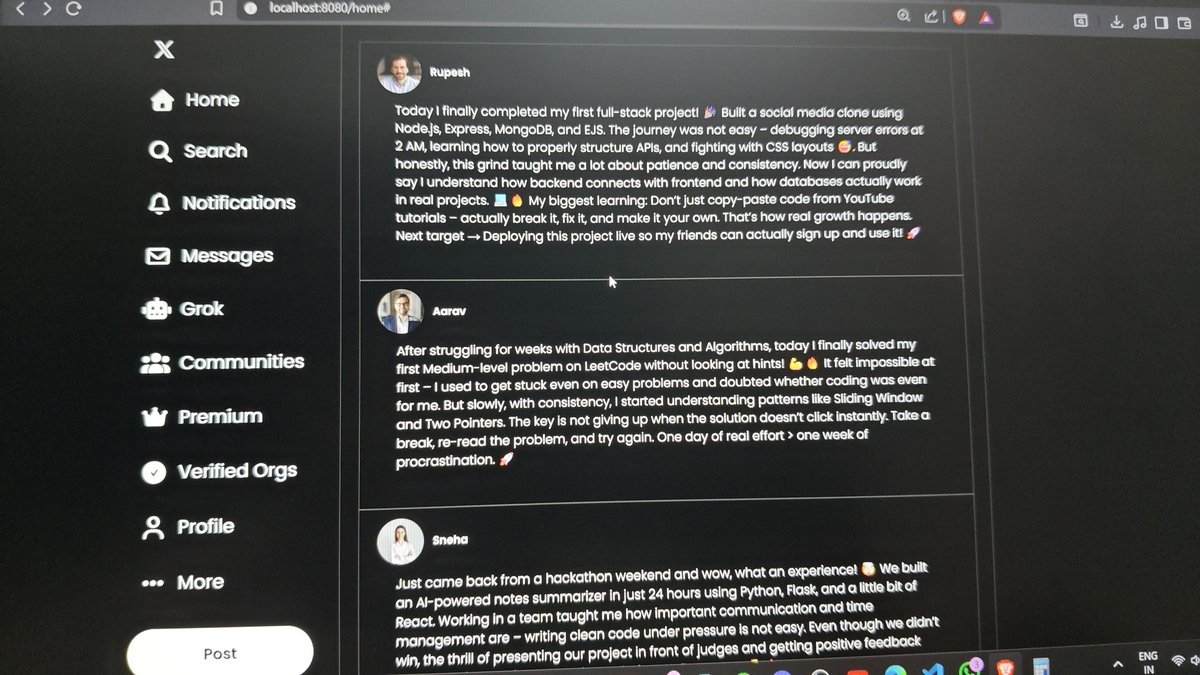 rupesh248000's tweet image. Here’s an enhanced version of your post, Rupesh 👇
🚀 Day 36 of #100DaysOfCode
Started X (Twitter) clone using Basics of Node.js, Express, and EJS..
✅ Practicing routes & views with EJS
✅ Learning how to handle req /res in Express
#NodeJS #ExpressJS #EJS #WebDevelopment