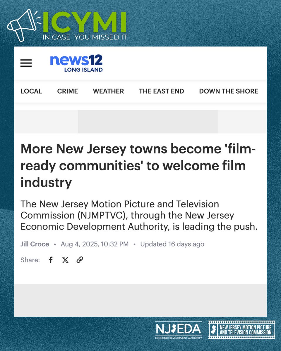 #ICYMI: <a href="/NJMotionPicture/">NJ Motion Picture & TV Commission</a> recently announced the designation of 21 new Film Ready Communities, bolstering the state’s standing as a national leader in film and television production. Learn more on <a href="/News12NJ/">News12NJ</a>: newjersey.news12.com/more-new-jerse…