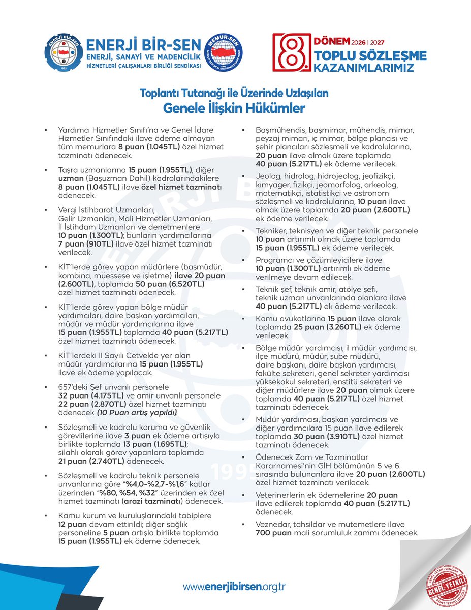 📌Enerji, Sanayi ve Madencilik Hizmet Koluna İlişkin 8. Dönem Toplu Sözleşmede Elde Ettiğimiz Kazanımlarımız ve Toplantı Tutanağı ile Üzerinde Uzlaşılan Genele İlişkin Hükümler