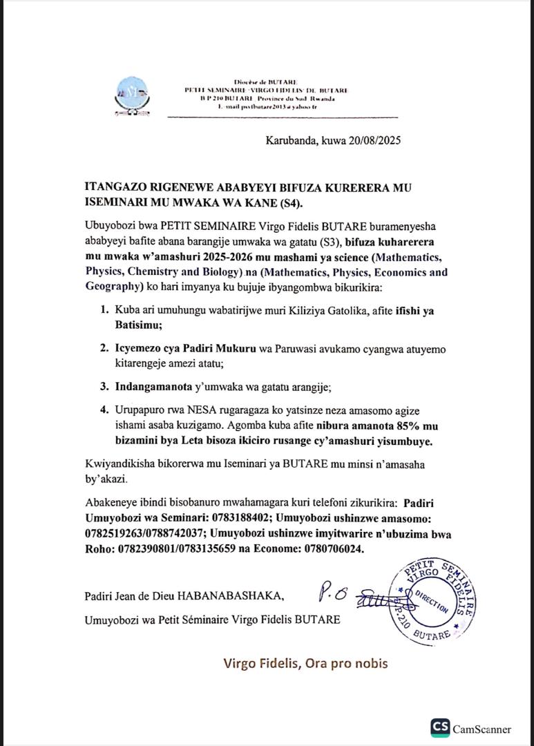 Itangazo rigenewe ababyeyi bifuza kurerera mu iseminari mu mwaka wa Kane (S4)