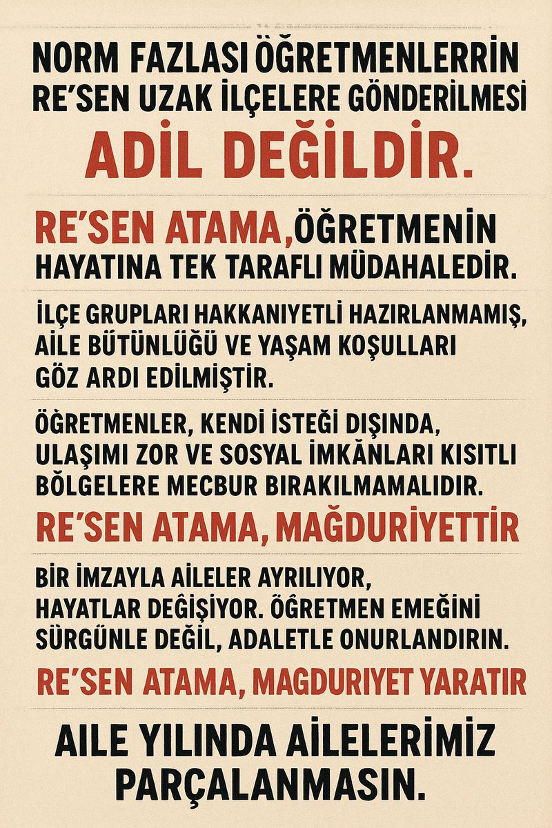 <a href="/ogrtmnlrpltfrmu/">MEB Etkinlik Platformu🇹🇷</a> <a href="/RTErdogan/">Recep Tayyip Erdoğan</a> <a href="/Yusuf__Tekin/">Yusuf Tekin</a> ⚖️ Anayasa m.41, ailenin korunmasını devletin görevi olarak tanımlar. Resen atama, öğretmenin aile bütünlüğünü bozarak Anayasa’ya aykırı bir uygulamadır.

<a href="/tcmeb/">Millî Eğitim Bakanlığı</a> <a href="/mebpgm/">Personel Genel Müdürlüğü</a> <a href="/_aliyalcin_/">Ali YALÇIN</a> <a href="/TalipGeylan06/">Talip Geylan</a> <a href="/EgitimBirSen/">Eğitim-Bir-Sen</a> <a href="/turkegitimsen/">Türk Eğitim Sen</a> <a href="/egitimis/">Eğitim-İş</a> <a href="/edipuzen/">Edip Üzen</a>  <a href="/cuneytiltus/">Cüneyt İltuş</a> <a href="/Yusuf__Tekin/">Yusuf Tekin</a>