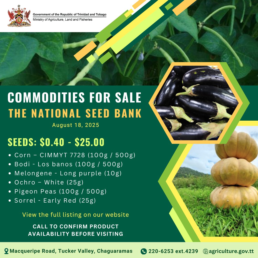 maftt_'s tweet image. ASD Commodities For Sale – August 18, 2025

Calling all farmers and home gardeners! Check out the latest range of agricultural commodities available from the Agricultural Services Division: agriculture.gov.tt/divisions-unit…

Let’s grow together!

#MALF #ASD #AgriculturalServicesDivision