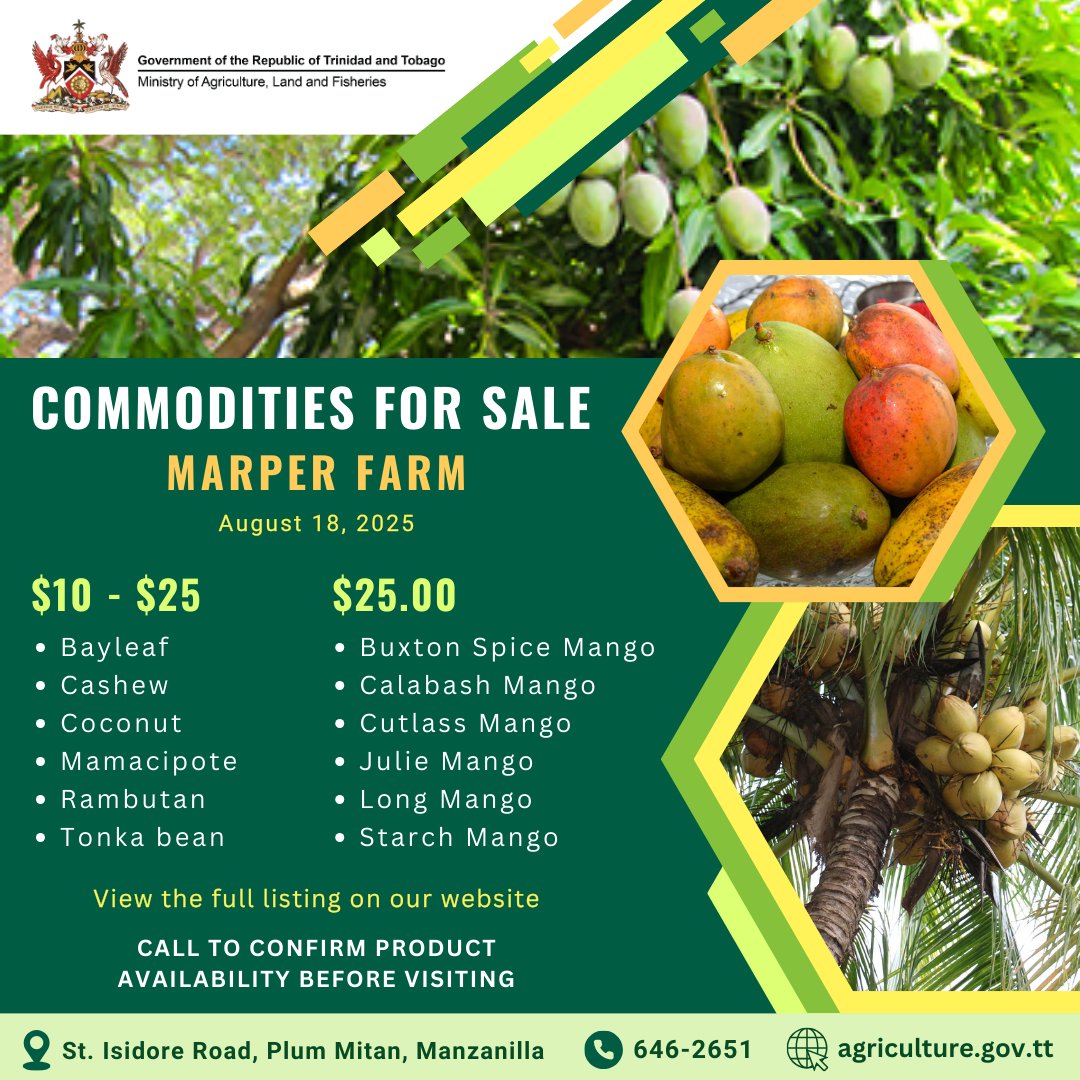 maftt_'s tweet image. ASD Commodities For Sale – August 18, 2025

Calling all farmers and home gardeners! Check out the latest range of agricultural commodities available from the Agricultural Services Division: agriculture.gov.tt/divisions-unit…

Let’s grow together!

#MALF #ASD #AgriculturalServicesDivision