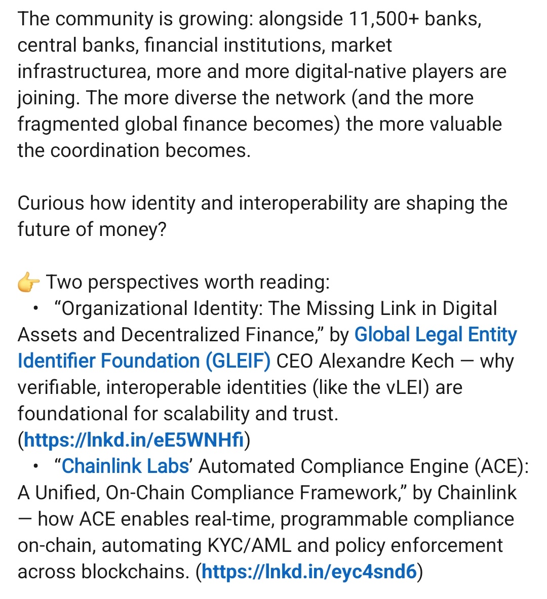 bob4punk's tweet photo. $Link Swift’s CIO just spelled it out in plain English....AGAIN.....And who does Tom name-drop as the compliance engine making this possible? Chainlink.
Not Ripple. Not Stellar. Not some random L1. Chainlink.

Swift = the tracks.
Banks, CBDCs, stables, tokenized deposits = the trains.
And who’s wiring the signals, compliance, and cross-chain synchronization? Chainlink.

Sorry XRP cult your fantasy of replacing Swift died the second Swift realized they could just upgrade with Chainlink instead of rolling over for a glorified remittance coin. Swift doesn’t need a “new train,” they need rails that work across every asset class and Chainlink is the only middleware built to do it at scale.

Ethereum maxis? Same story. No single L1 is more valuable than the neutral coordination layer connecting all of them. Swift literally name-dropped Chainlink’s ACE as the compliance backbone KYC/AML enforcement at the protocol level. That’s not “DeFi summer.” That’s the global financial system wiring itself on-chain.

This isn’t speculation. It’s Swift straight up telling you: the future of money is orchestrated rails + verifiable data + automated compliance. And Chainlink is sitting dead center.

The “neutral rails” are being laid. The collateral curve hasn’t even started bending yet.... 👀