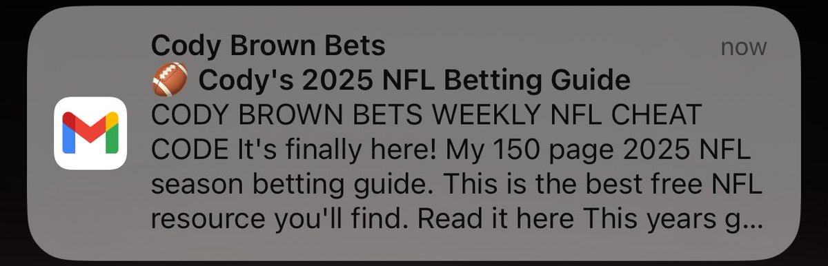 CodyBrownBets's tweet photo. If you aren’t on my email list and want my 150-Page NFL Betting Guide…

All you need to do is enter your email address here: https://t.co/BR4zen6sCo

You will then receive an email from me with a link to the guide. And yes, it’s completely free. https://t.co/bQHOrbH1OK