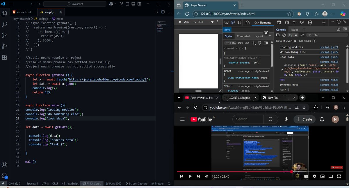 PatelNiharika05's tweet image. 🗓️Day : 26/75
✅ Learned Javascript's:
      🔸Async & await 
      🔸Fetch API
Still need to work more on these topics and practice them .
#WebDevelopment #javascript #codewithharry #75DaysOfCode