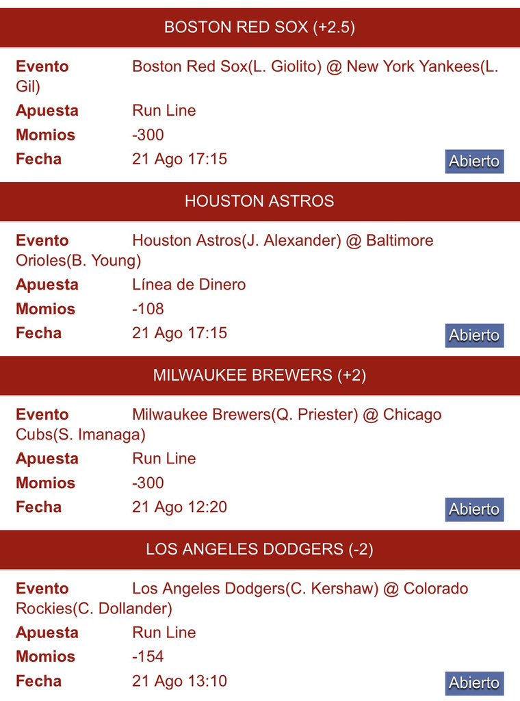 PARLAY DE MLB (+465)

$3,333 —> $18,871

Vamos con este Parlay de MLB de (4) Selecciones‼️

🚨Ya saben que va pasar si se Gana este Parlay 🎁💰 así que vayan apoyando con su ❤️🔄💬