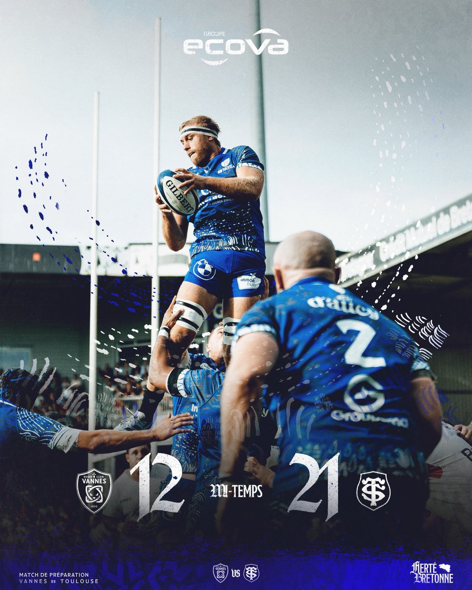 Un premier acte rythmé et équilibré entre les deux équipes. Nos deux essais sont signés Pierre Boudehent et Cyril Blanchard. Encore 40 minutes de travail pour nos Vannetais ⚔️

#FiertéBretonne
