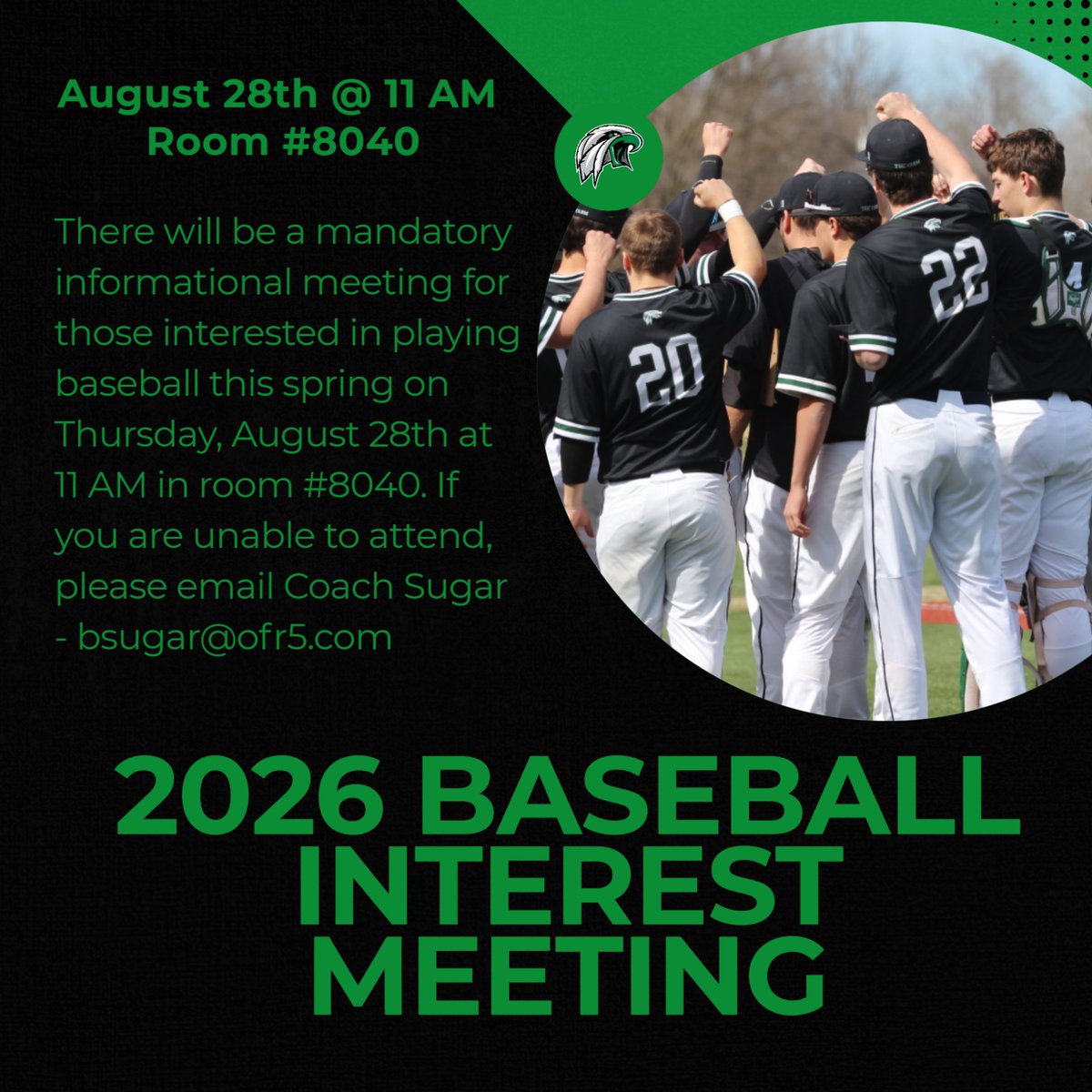 If you are interested in trying out for baseball in the spring we will have a short informational meeting on August 28th at 11 am in Room 8040. If you are unable to attend please email Coach Sugar - bsugar@ofr5.com

<a href="/OFR5_Activities/">Orchard Farm R-V Activities</a>