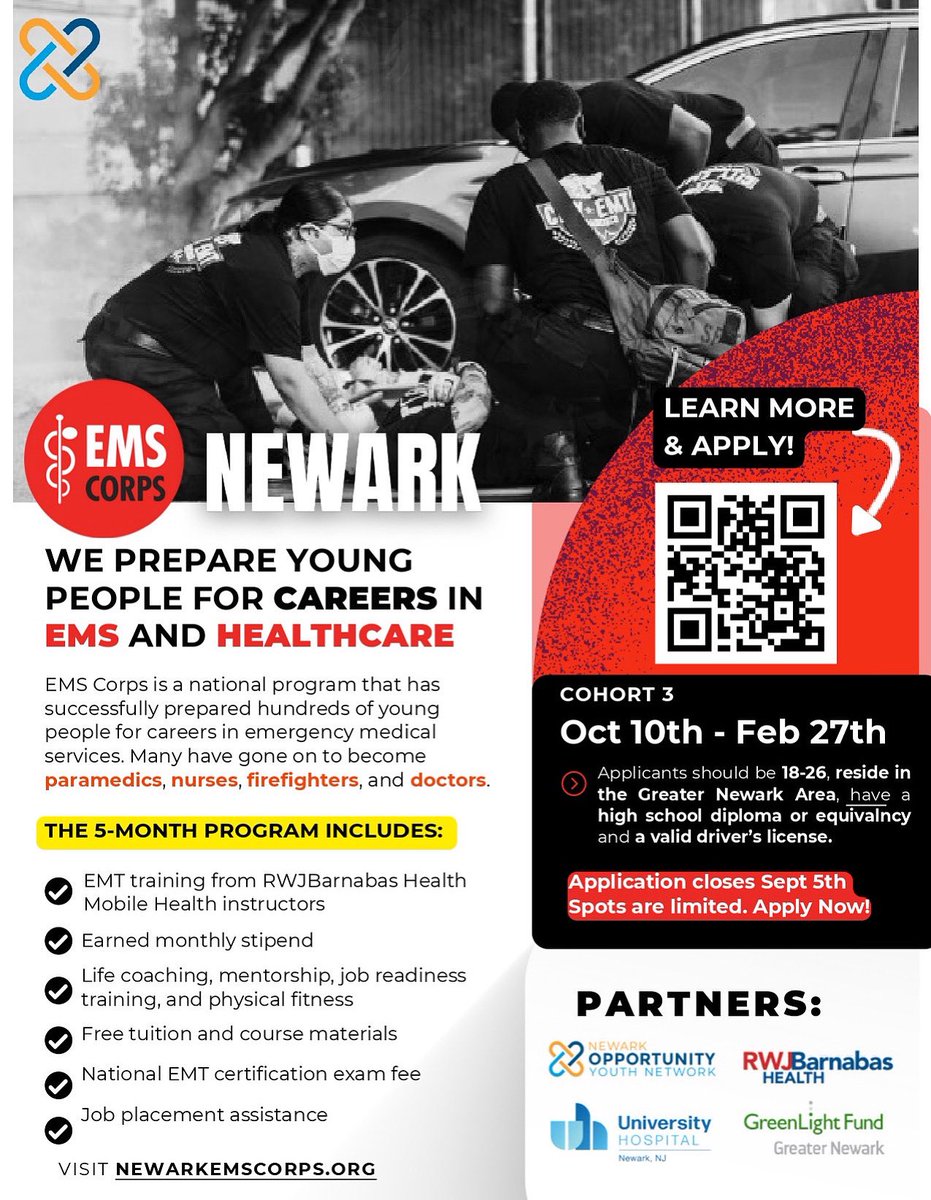 Newark EMS Corps is now accepting applications for Cohort 3! If you're 18–26, live in the Greater Newark area, and want a career in healthcare or emergency services, this free, 5-month program is your first step. Applications close Sept 5. Tap the link in bio to apply!