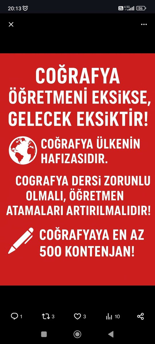 Ülkemizi dünyayı tanıyan nesiller yetiştirmek için coğrafya zorunlu olsun. #coğrafyazorunluolsun
<a href="/Yusuf__Tekin/">Yusuf Tekin</a>
<a href="/yilmaznazif/">Nazif Yılmaz</a>
