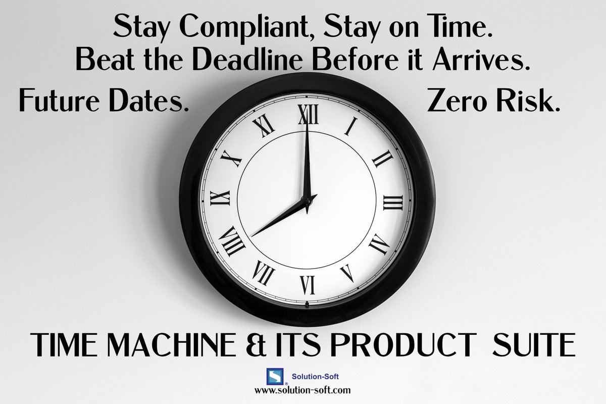 SolutionSoftTM's tweet image. Compliance Deadlines Don’t Wait, Neither Should You! From Year 2038 readiness to regulatory go-lives, Time Machine ensures your systems are ready. Simulate any date to validate compliance-related workflows. solution-soft.com/product-overvi… #timetraveltesting