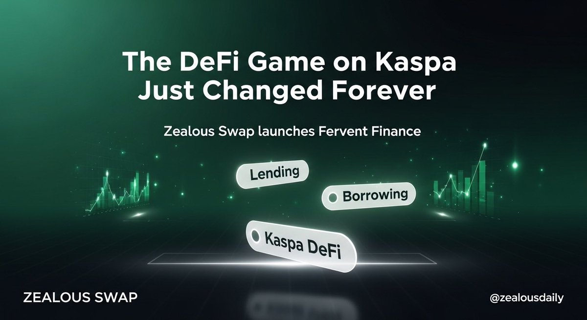 ZealousDaily's tweet photo. The DeFi game on Kaspa just changed forever.

Zealous Swap has launched Fervent Finance, a fully decentralized lending &amp; borrowing protocol, and its beta is live ‘TODAY’. This isn’t just an add-on, it’s a landmark for Kaspa’s DeFi evolution. https://t.co/C1MbpFrLnl