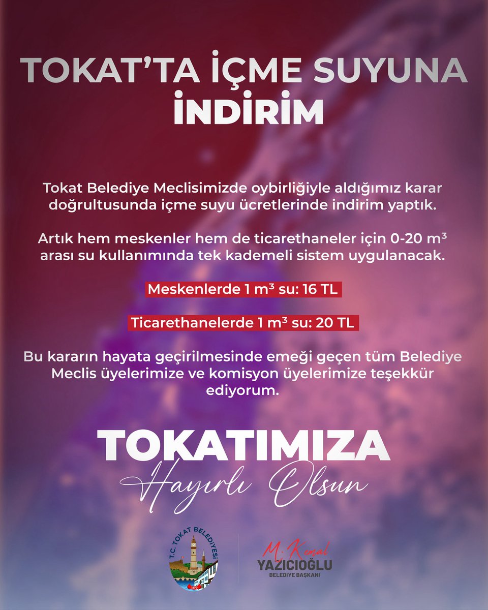 mkyazicioglutr's tweet photo. Tokat Belediye Meclisimizde oybirliğiyle aldığımız karar doğrultusunda içme suyu ücretlerinde indirim yaptık.

Artık hem meskenler hem de ticarethaneler için 0-20 m³ arası su kullanımında tek kademeli sistem uygulanacak.

✅Meskenlerde 1 m³ su: 16 TL
✅Ticarethanelerde 1 m³ su: 20 TL
✅Kademe sistemi 20 m³'e çıkarılmıştır.

Göreve geldiğimiz günden itibaren #ÜretkenBelediyecilik anlayışıyla; yeni su kaynakları, içme suyu hatları ve altyapı yatırımlarımızın yanı sıra, ücret tarifelerinde de düzenleme yaparak vatandaşlarımızın yanında olmaya devam ediyoruz.

Bu kararın hayata geçirilmesinde emeği geçen tüm Belediye Meclis üyelerimize ve komisyon üyelerimize teşekkür ediyorum.

Tokatlı hemşehrilerimize hayırlı, uğurlu olsun.