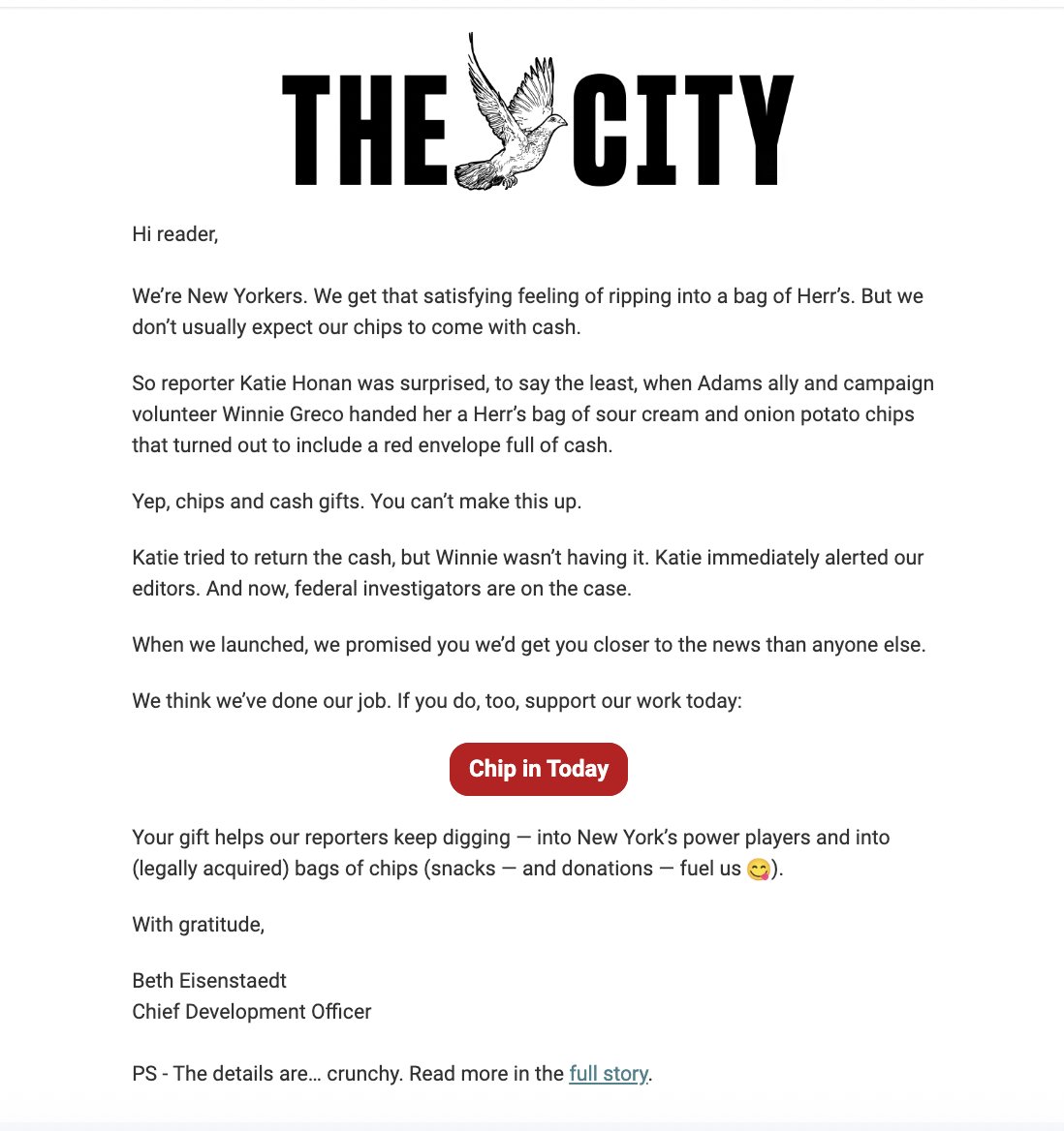 the city is now fundraising off winnie greco handing one of its reporters a chip bag full of cash