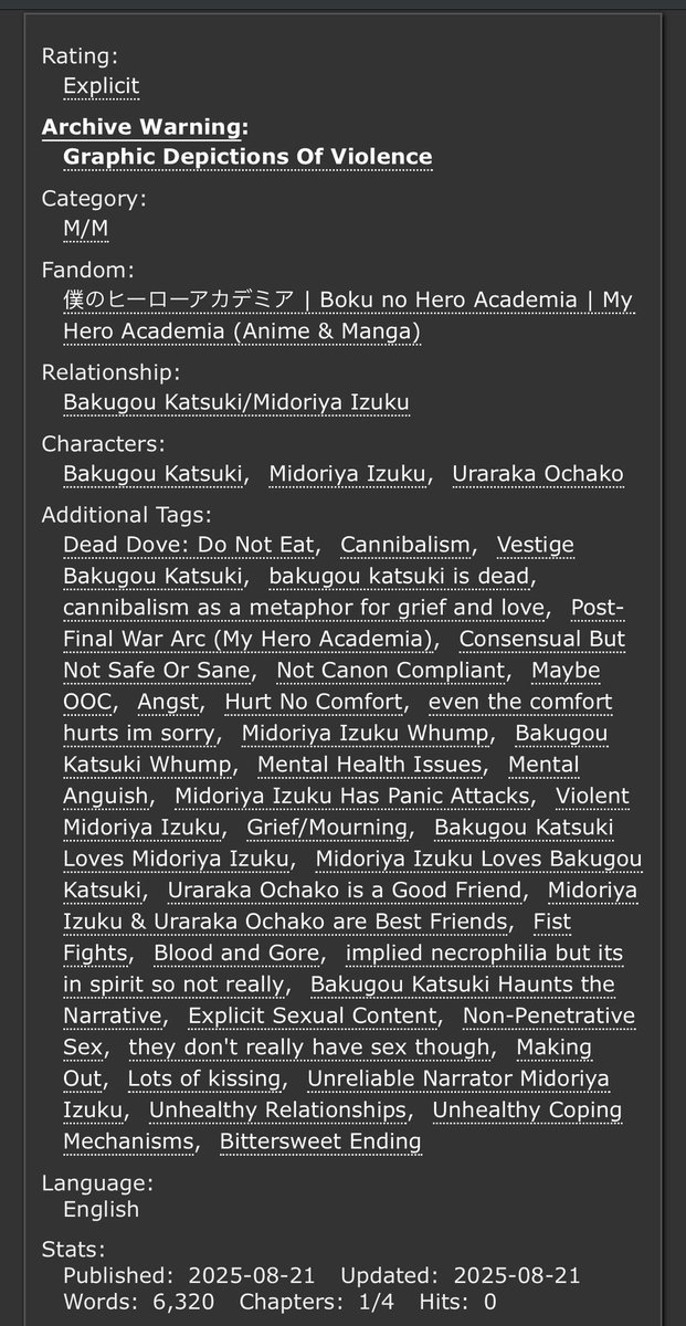 #dkbk #bkdk: Original Sin (hunger) 

• DEAD DOVE DO NOT EAT: CANNIBALISM
• Ongoing
• Dual pov
• Angst, just angst
• Vestige Katsuki

Grief will change you like harsh tides can change even the most stubborn of rocks, but it is your decision how far. 

archiveofourown.org/works/69595381…