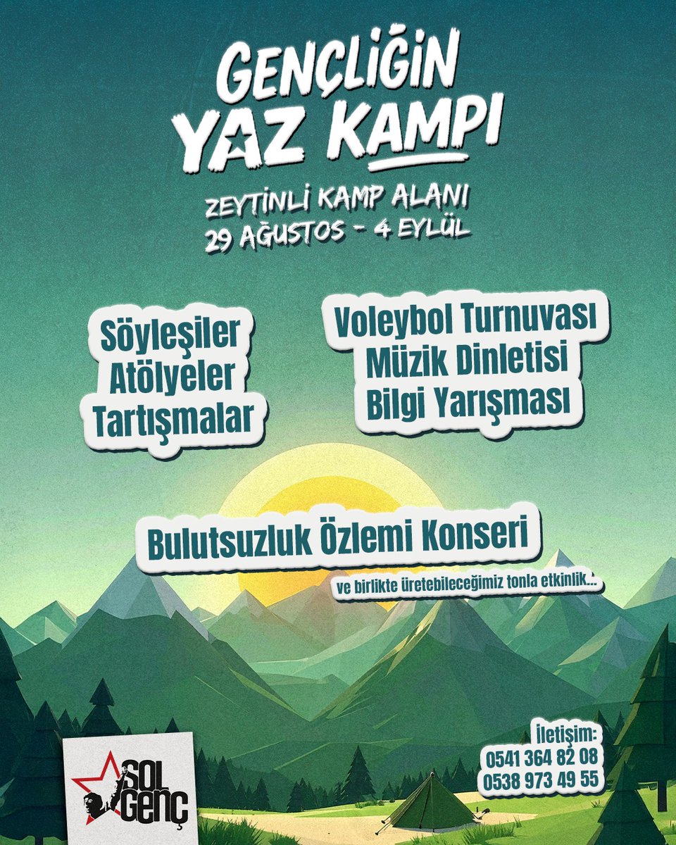 🏕 29 Ağustos- 4 Eylül tarihlerinde Zeytinli'de Gençliğin Yaz Kampı'nda buluşuyoruz!

🎤 Bulutsuzluk Özlemi konseri 

⭐️ Söyleşiler, atölyeler, turnuvalar ve daha birçok etkinlik