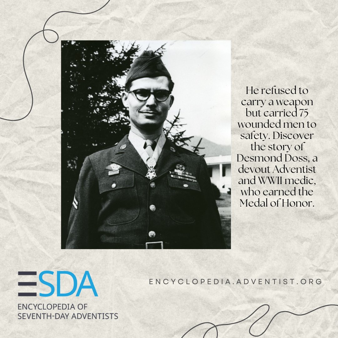 He refused to carry a weapon but carried 75 wounded men to safety. Discover the story of Desmond Doss, a devout Adventist and WWII medic, who earned the Medal of Honor. Read more here: bit.ly/3N7E9FC #AdventistHistory <a href="/NADadventist/">NAD Adventist</a>
