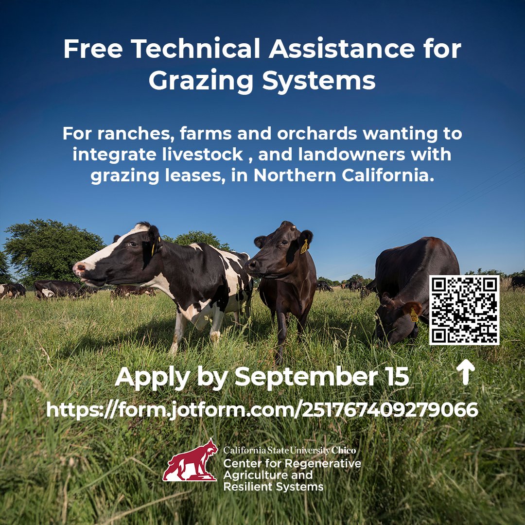 Free Technical Assistance for Grazing Systems
For ranchers, farms and orchards wanting to integrate livestock, and landowners with grazing leases in Northern California.
Apply by Sept. 15
form.jotform.com/251767409279066

#CRARS #RegenerativeRanching #regenerativeagriculture #ChicoState