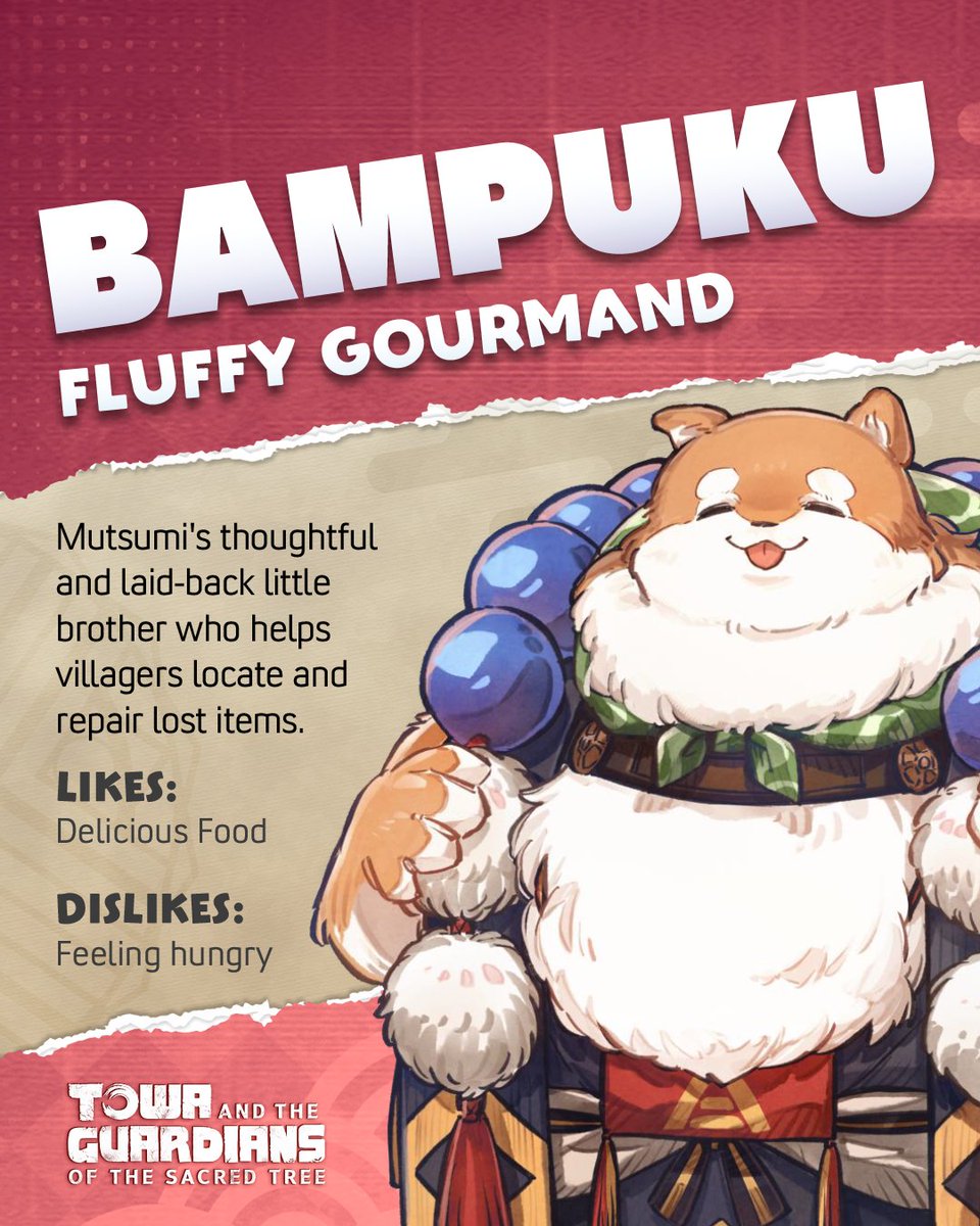 Bampuku's a good boy!! 🐕 Faithful and fuzzy, he loves to cook as much as he loves to eat. 

Wanting to contribute as a real grown-up, Bampuku has joined the attack against Magaori. #TowaGame

Play as him in Towa and the Guardians of the Sacred Tree, releasing September 19th!