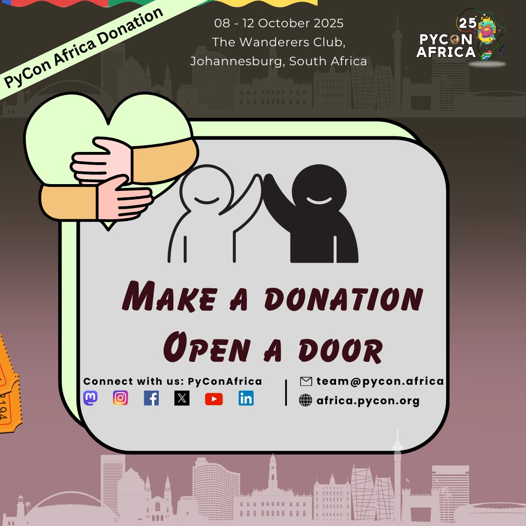 pyconafrica's tweet image. The #PSF has paused its grants. #PyConAfrica needs your support to continue opening doors for the community! Even small donations help. Buy a donation ticket here: quicket.co.za/events/321686-…