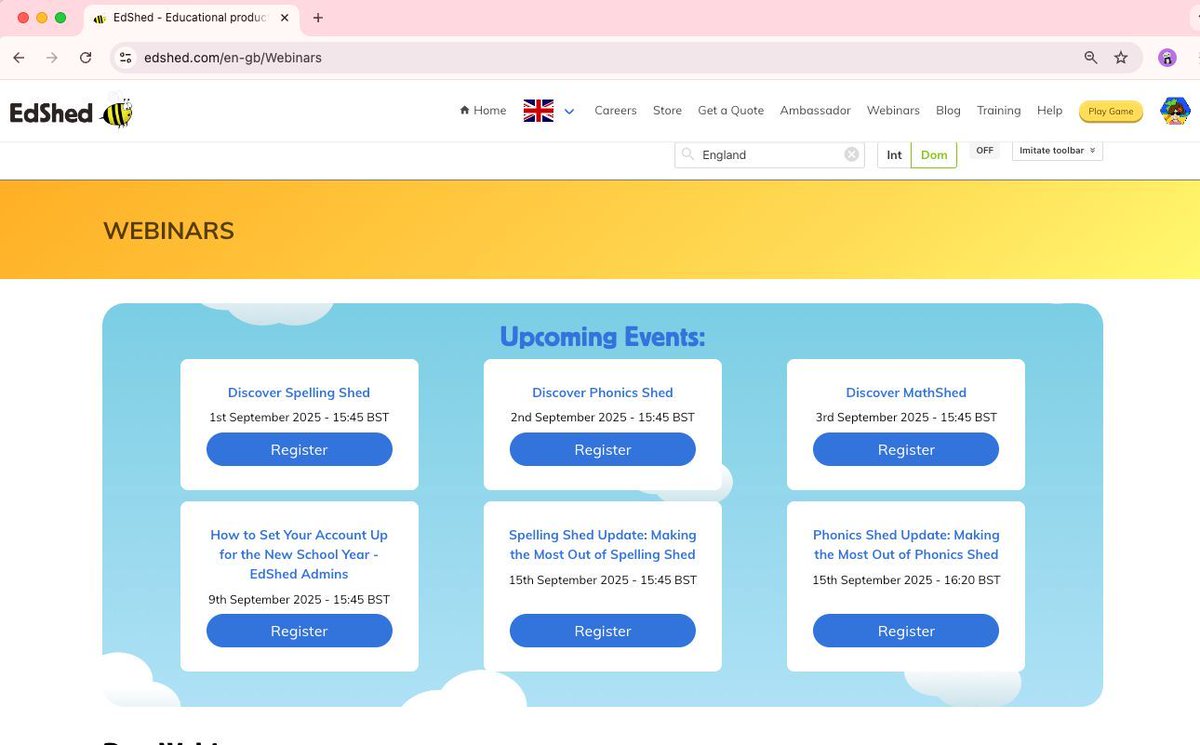 EdShed π (@edshed) on Twitter photo π Save the Dates! Check out our selection of FREE webinars, due to take place this September.
Register π edshed.com/en-gb/webinars
Canβt attend live? No problem! Register anyway and weβll send you the FREE recording straight to your inbox.
<a href="/SpellingShed/">Spelling Shed ππ</a> <a href="/PhonicsShed/">Phonics Shed DfE Approved Phonics Programme</a> <a href="/mathshed/">MathShed ππ</a> π Save the Dates! Check out our selection of FREE webinars, due to take place this September.
Register π edshed.com/en-gb/webinars
Canβt attend live? No problem! Register anyway and weβll send you the FREE recording straight to your inbox.
<a href="/SpellingShed/">Spelling Shed ππ</a> <a href="/PhonicsShed/">Phonics Shed DfE Approved Phonics Programme</a> <a href="/mathshed/">MathShed ππ</a>