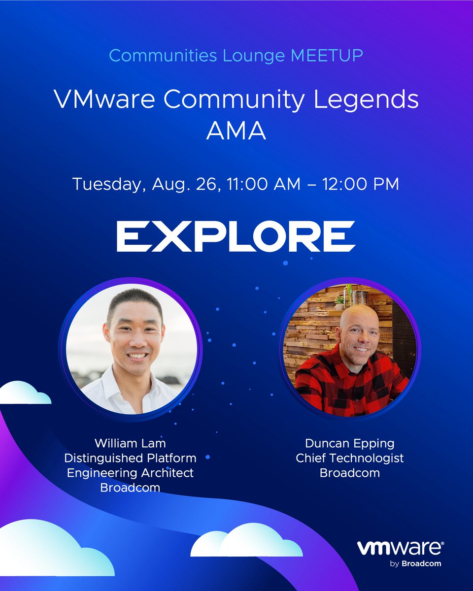 vmwarecode's tweet image. 😣 Have you got a tricky issue? 

Yes? Then bring yourself down to the #VMwareExplore Communities Lounge for this AMA with long-time CMTY favorites @lamw &amp;amp; @DuncanYB  

If these two can&apos;t answer – well, that&apos;s unlikely 😎

RSVP &amp;amp; Calendar Reminder ⤵  brcm.tech/3Hfa6fg