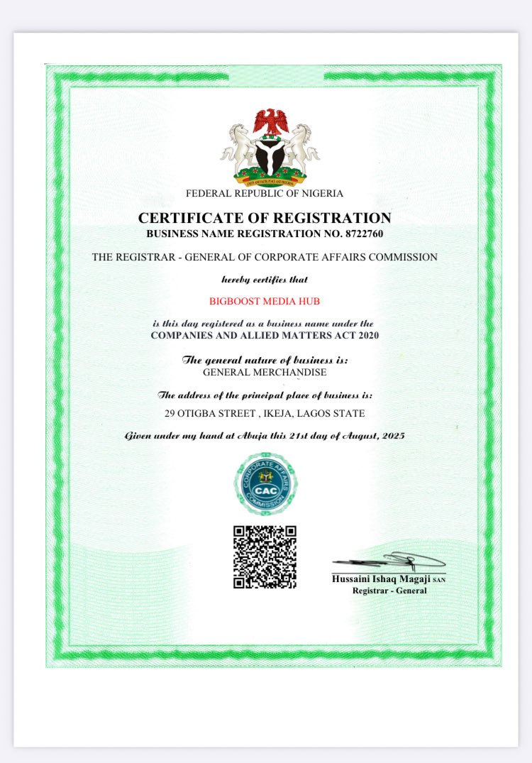 Bigboost_ng's tweet photo. 🚀 BigBoost Media Hub is Now Officially CAC-Verified!

We’re excited to share a major milestone in our journey — BigBoost Media Hub is now a fully registered and verified business with the Corporate Affairs Commission (CAC) of Nigeria. 🎉

Visit https://t.co/sbl0Pub8fO to 🚀 https://t.co/EyWyso0BV8
