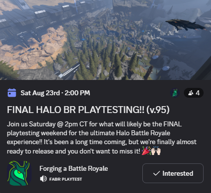 🚨 HALO BR UPDATE 🚨

EXCITING NEWS: This weekend I will be hosting what will likely be the FINAL playtest sessions for my ongoing Halo Battle Royale project with build version .95!

If you're free, please come participate! 🎮

Friday Event: discord.gg/FWHnMPpX?event…
Saturday