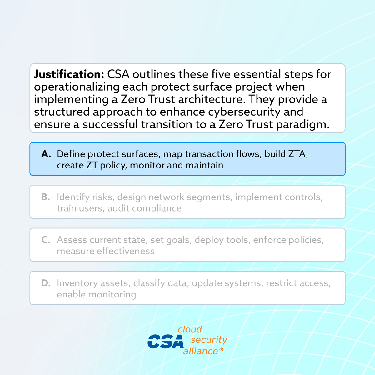 cloudsa's tweet photo. Think you're ready for the CCZT exam? Here’s a practice question to sharpen your skills. Want more practice? Download the CCZT Prep Kit for additional questions and essential study materials to help you ace the exam!

Download Now → https://t.co/IldyGDIeVt

#CCZT #ZeroTrust https://t.co/GiCZKNRsMb