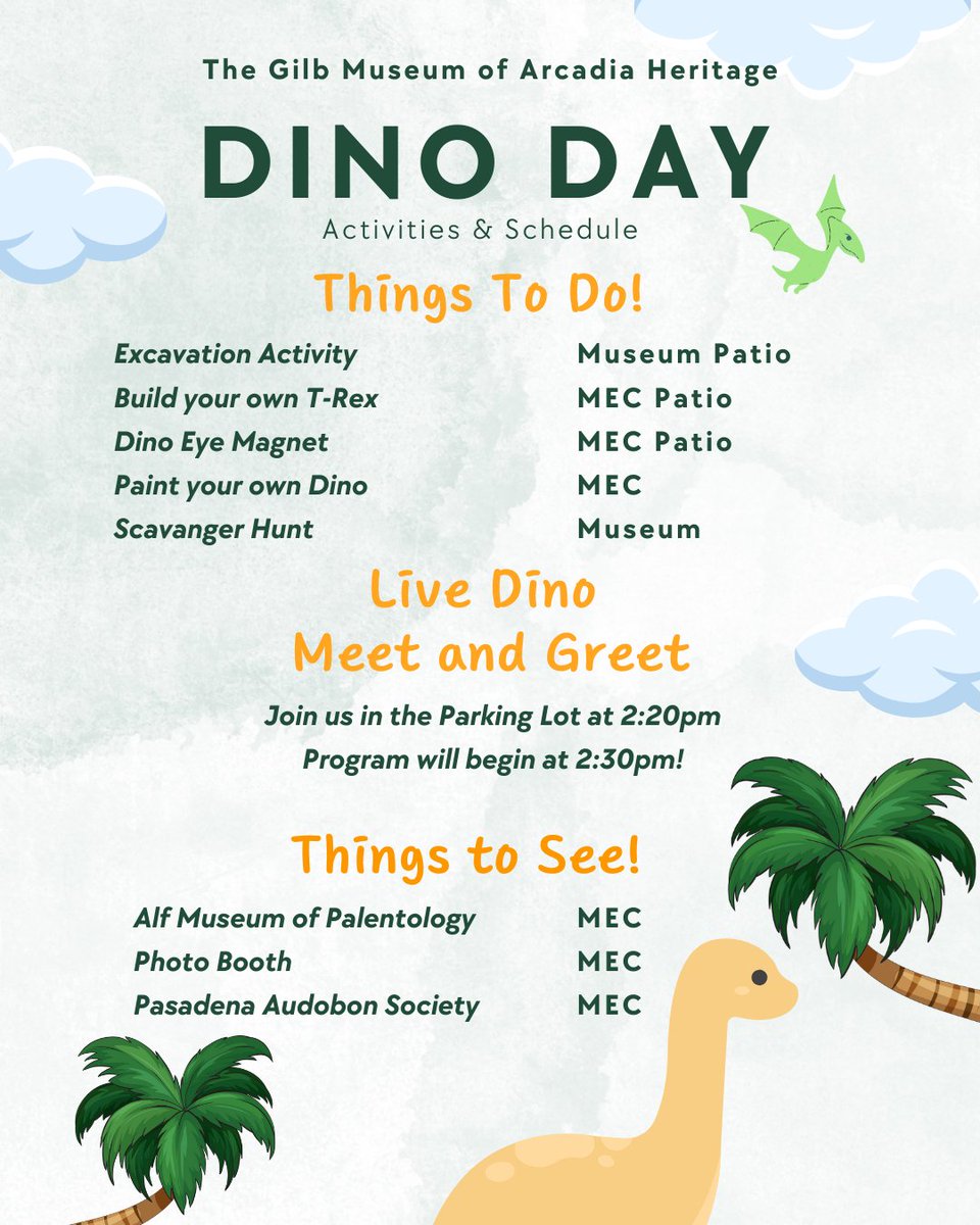 GilbMuseum's tweet photo. Swipe to the last slide to see a full itinerary of the long-awaited day!

Check out some of our standout Dino Day activities and demonstrations! We look forward to seeing you at the Gilb Museum of Arcadia Heritage this Saturday between 1:30 and 3:30 PM. https://t.co/C18ba1ovE7