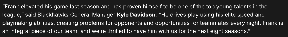 Kyle Davidson on signing Frank Nazar to a 7-year, $6.59M AAV contract extension today