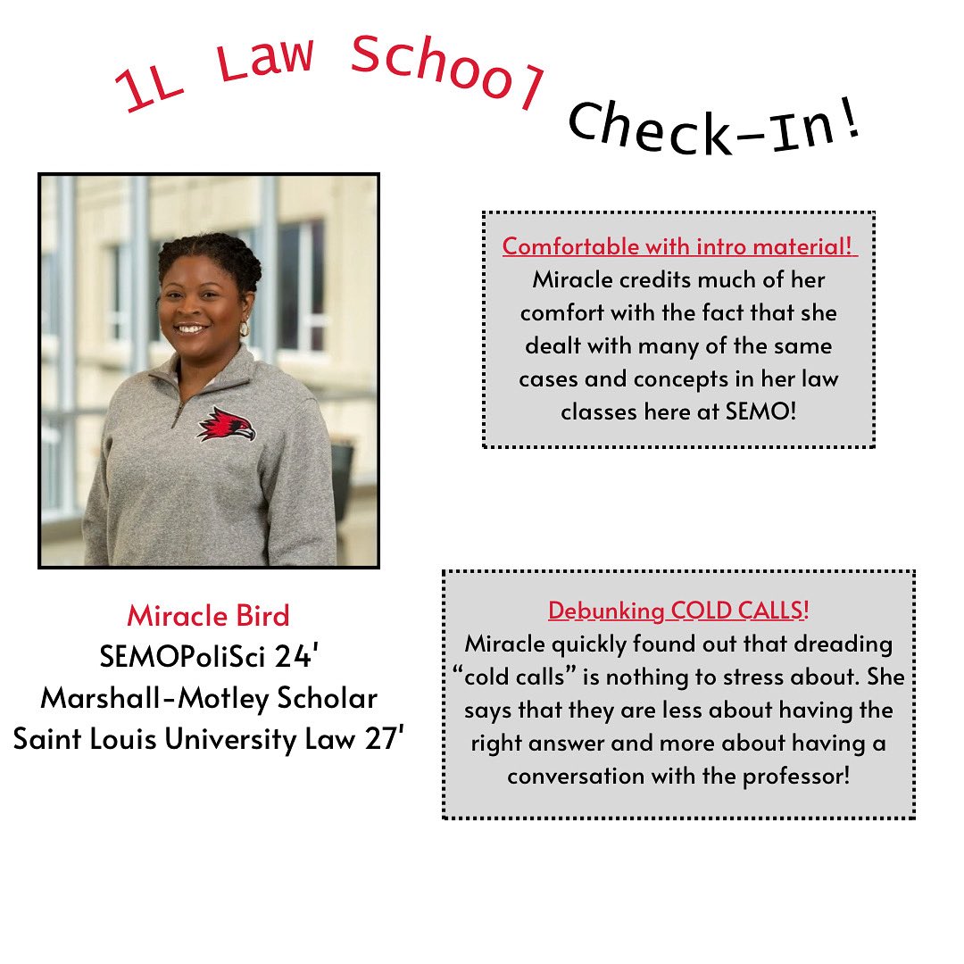semopolisci's tweet photo. It’s always great to hear how our recent grads are adjusting to life away from SEMO! Here’s a bit on Miracle’s 1L @ SLU Law! ⚖️ https://t.co/uDCdwtBimD