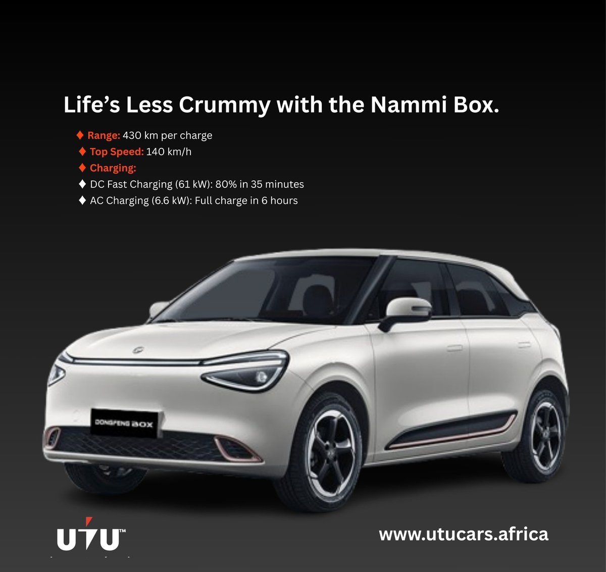 UtuCarsAfrica's tweet image. Life’s less crummy with the 2025 Nammi Box, because 430 km range and fast charging means more adventure, less waiting. ⚡
#UTUCars #evrevolution
