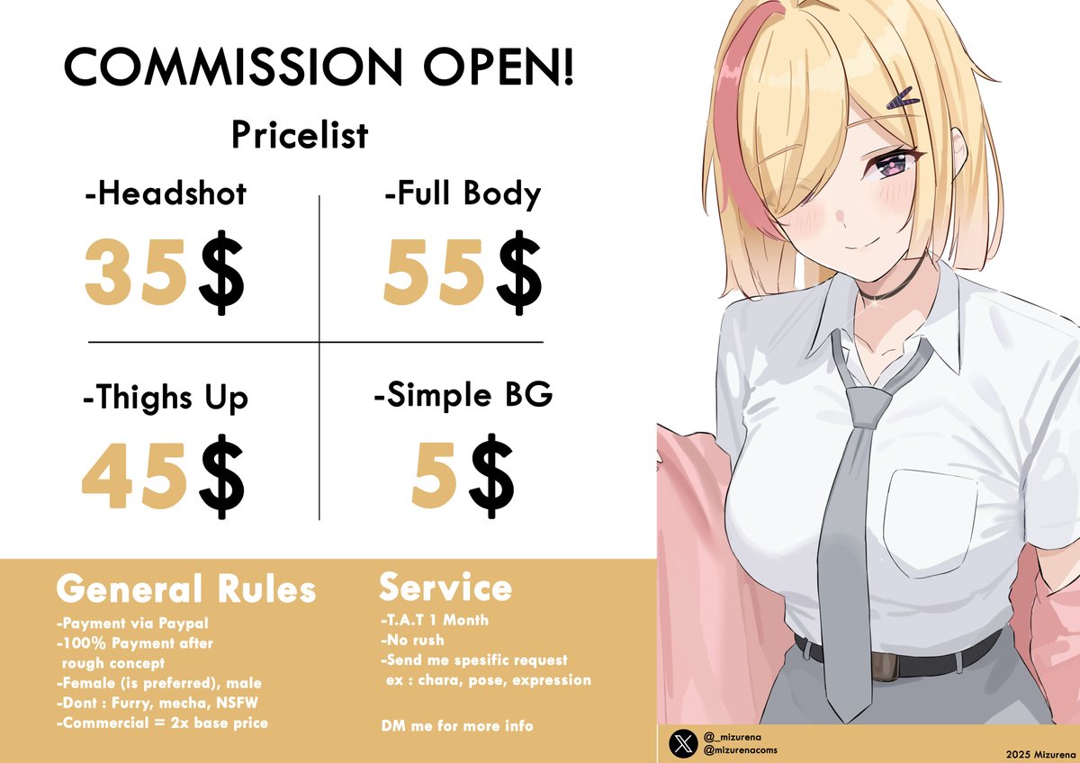mizurenacoms's tweet photo. Hey, Mizurena here! I’m opening 3 commission slots for Aug–Sep!

I could use a little extra support this month, so if you’re interested, my DMs are open!

Retweets help a lot. Thanks!✨
#commission_open #commissionsopen #Vtuber https://t.co/Wt6oYWbq7b