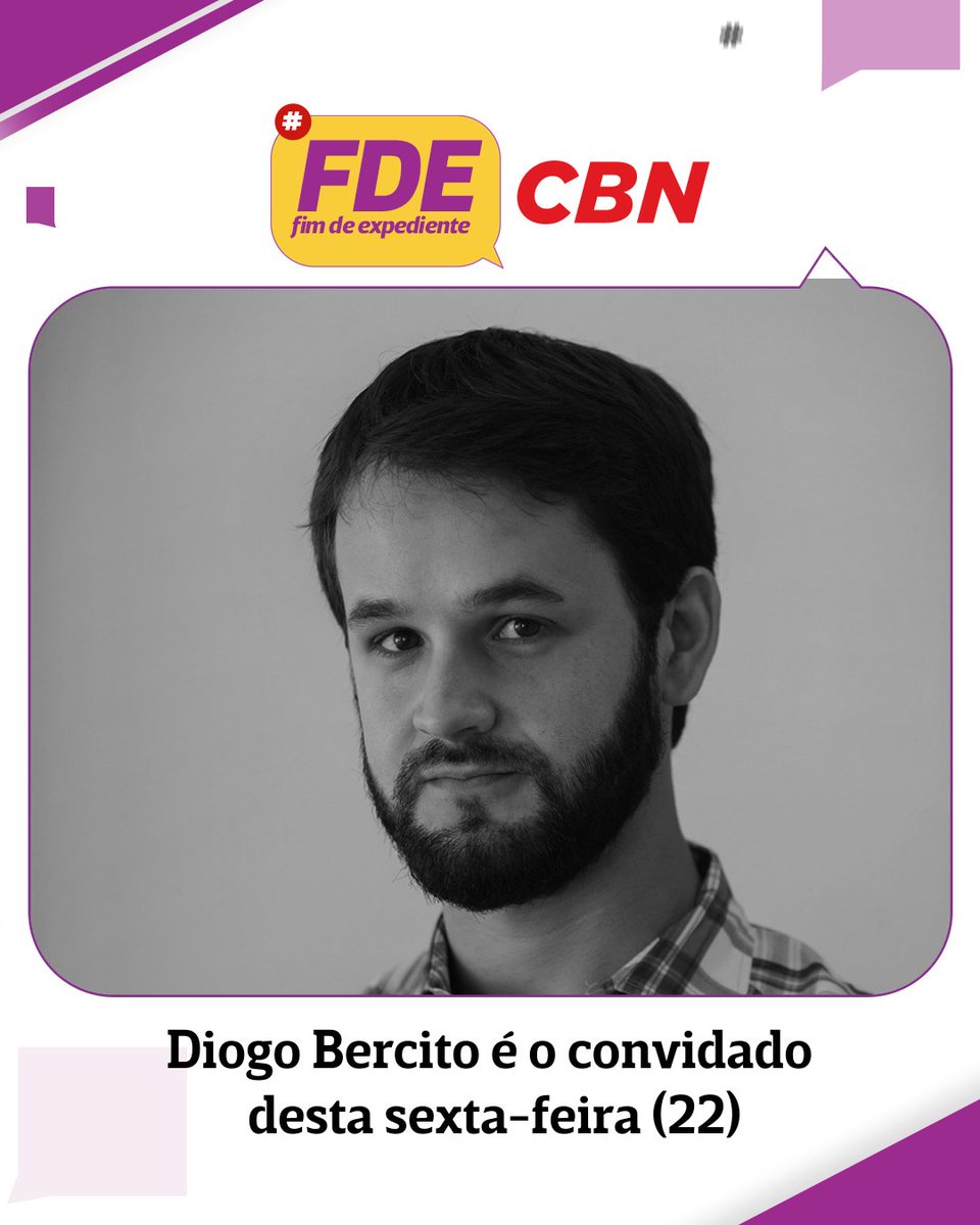 Rádio CBN (@cbnoficial) on Twitter photo Diogo Bercito é o convidado de <a href="/danstulbach/">Dan Stulbach</a>, <a href="/tecomedina/">Teco</a> e José Godoy para o <a href="/fdecbn/">Fim de expediente</a> desta sexta-feira (22). O escritor e jornalista lança o livro "Brimos à mesa".
Acompanhe ao vivo, a partir das 18h30, no site, app ou Youtube da CBN. #NoArNaCBN Diogo Bercito é o convidado de <a href="/danstulbach/">Dan Stulbach</a>, <a href="/tecomedina/">Teco</a> e José Godoy para o <a href="/fdecbn/">Fim de expediente</a> desta sexta-feira (22). O escritor e jornalista lança o livro "Brimos à mesa".
Acompanhe ao vivo, a partir das 18h30, no site, app ou Youtube da CBN. #NoArNaCBN