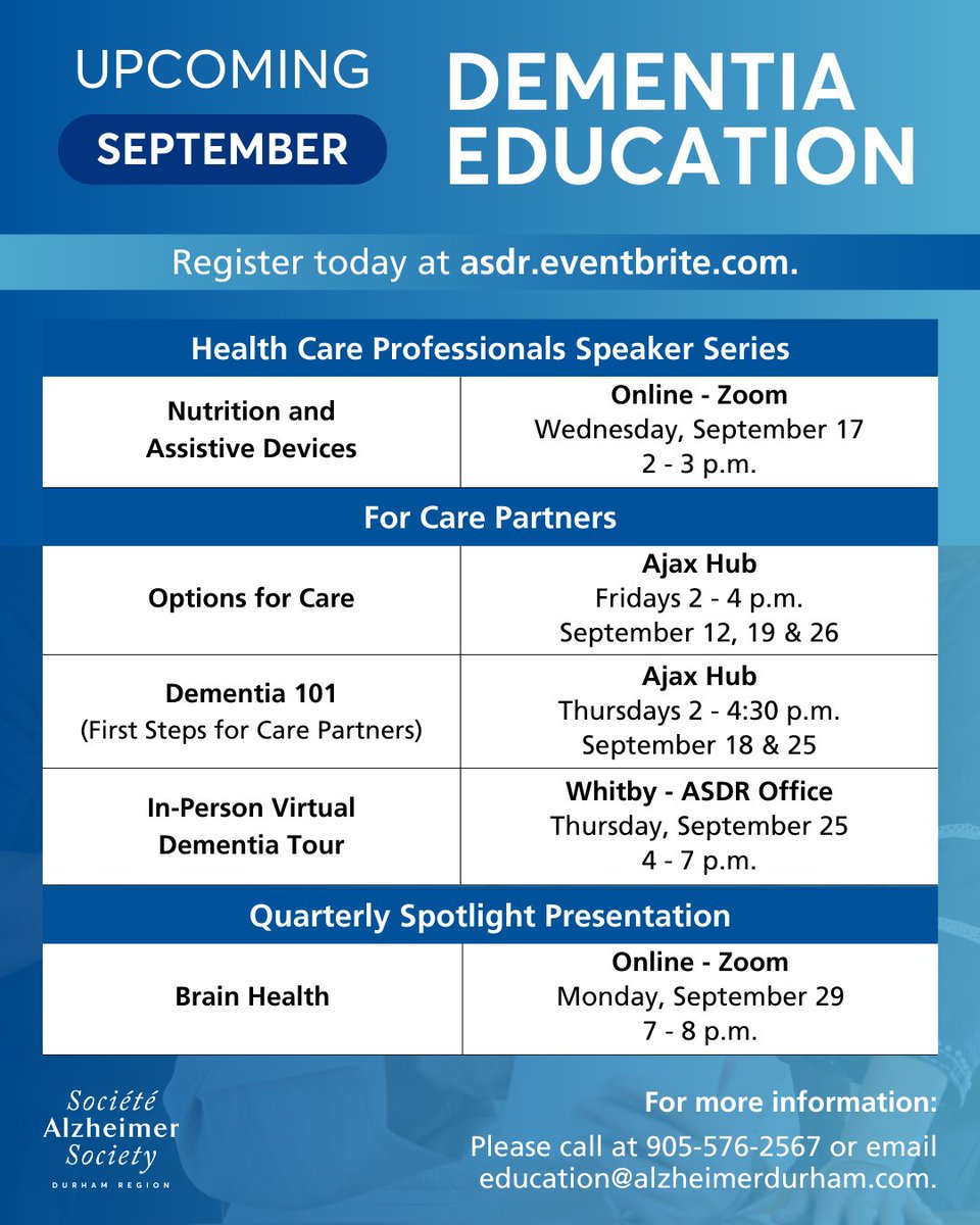 Take a look at our upcoming September education programs! To learn more about any of the sessions listed, please visit asdr.eventbrite.com.

For more information, please call at 905-576-2567 or email education@alzheimerdurham.com. #EducationPrograms #DementiaEducation