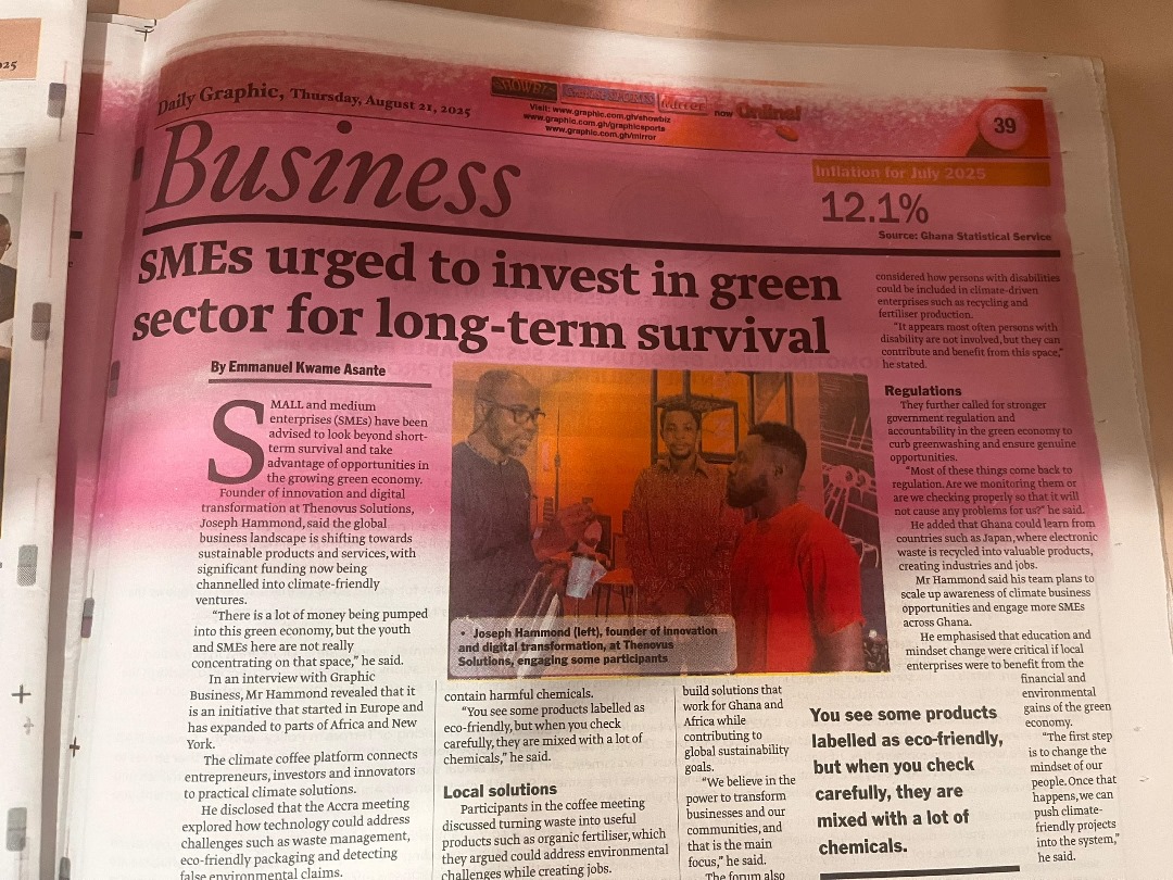 21. 08. 25.

We made the news! 🥳 We're so excited to have been featured in today's Daily Graphic 🇬🇭 Grab a copy to see the article! ☕ 

#ClimateCoffee #ClimateTech #Sustainability 

Cc: The Novus Solutions x empowerAbility Org