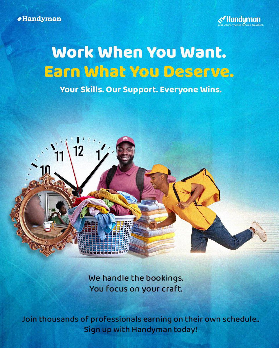 HandymanProNG's tweet photo. Hey Laundry Experts! 
Your skills deserve more bookings and we’ve got the platform to make it happen. 
Join Handyman now and let’s grow together!

#Handyman #LaundryBusiness #EarnMore https://t.co/CXrfsnRilW