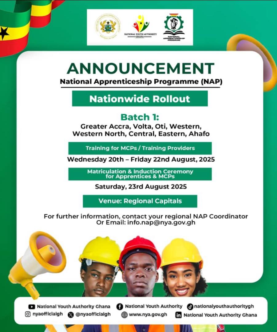The Minister of Youth Development and Empowerment, Pablo will lead an Induction and Matriculation ceremony for the Apprentices and Master Craftsmen at the forecourt of AMA, Accra as the National Apprenticeship Programme (NAP) rolls out nationwide tomorrow. #AbanPapaAba