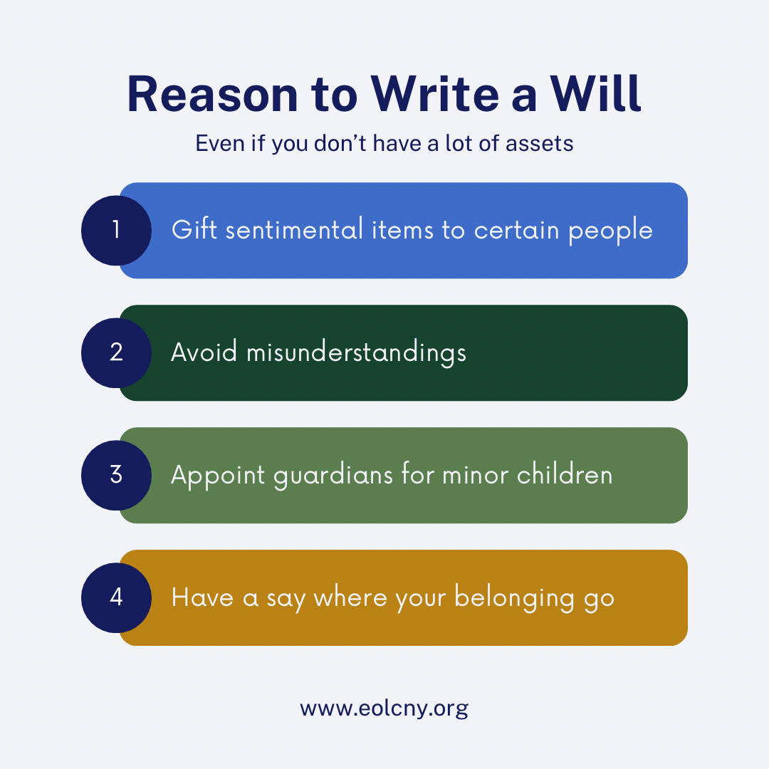 You don’t need to be rich to have a will. In fact, it may be even more important to give your limited resources to the people that matter most. #lastwill #endoflife #endoflifeplanning #leavehowyoulike #eolcny #estateplanning  #deathanddying #funerals