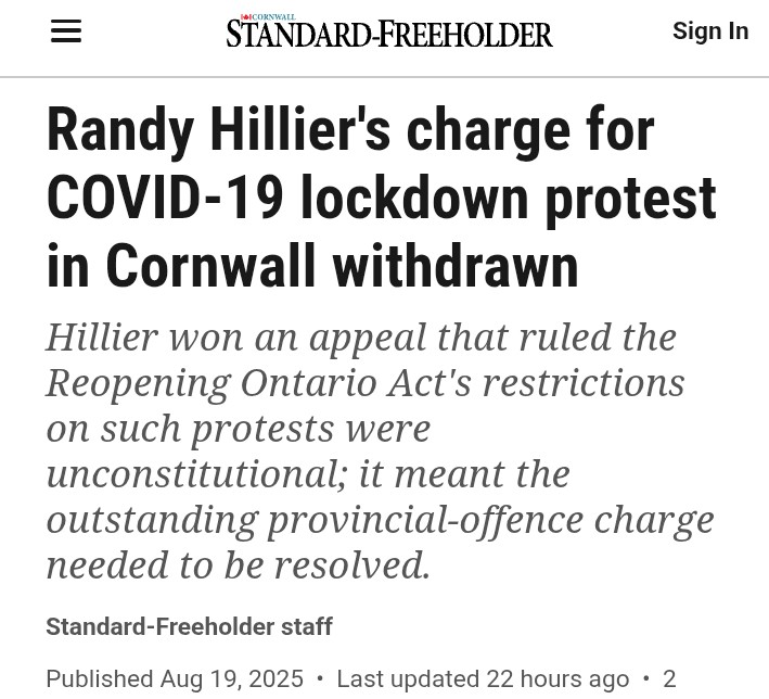 Matt Alexander (@realmatta_) on Twitter photo Remember when Randy Hillier won his case challenging the constitutionality of COVID lockdowns?
He won.
More victories will follow.
Thank you <a href="/randyhillier/">Randy Hillier</a> for the courage to challenge tyranny.
This is a very meaningful victory.
LOST FREEDOM FILES # 2155 Remember when Randy Hillier won his case challenging the constitutionality of COVID lockdowns?
He won.
More victories will follow.
Thank you <a href="/randyhillier/">Randy Hillier</a> for the courage to challenge tyranny.
This is a very meaningful victory.
LOST FREEDOM FILES # 2155