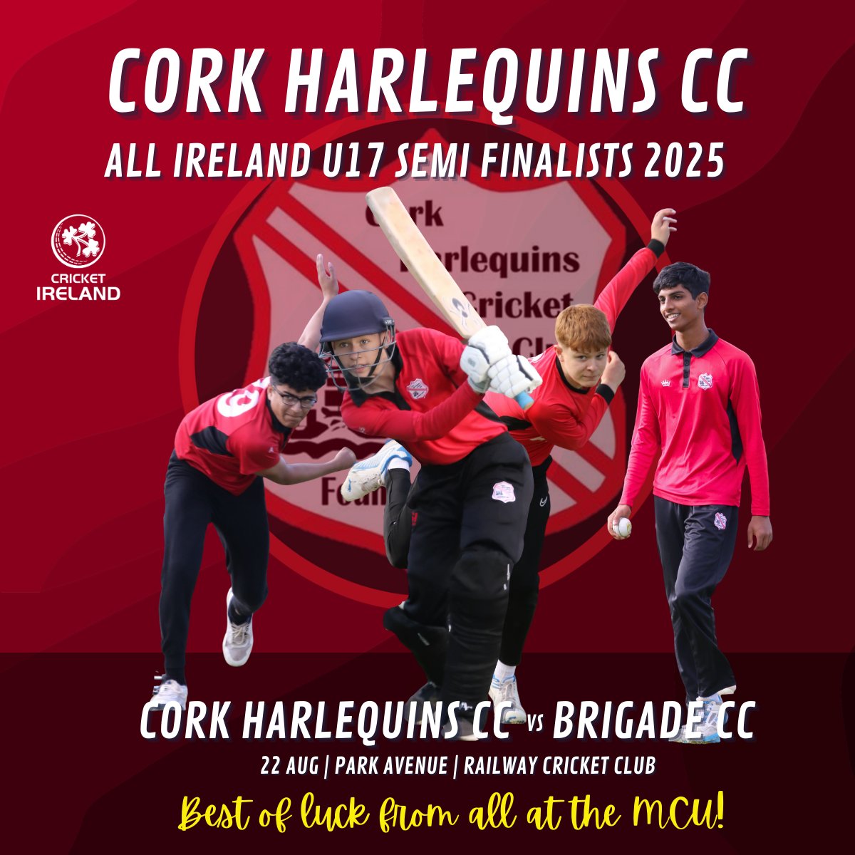 The very best of luck to <a href="/QuinsCC/">Cork Harlequins CC</a> Under 17s as they travel to Dublin to play <a href="/brigadecc/">Brigade Cricket Club</a> in the <a href="/cricketireland/">Cricket Ireland</a> Semi Finals! 🏏💥👊

<a href="/CIParticipation/">Cricket Ireland Participation</a> <a href="/brigadecricket/">BrigadeCCOfficial</a>