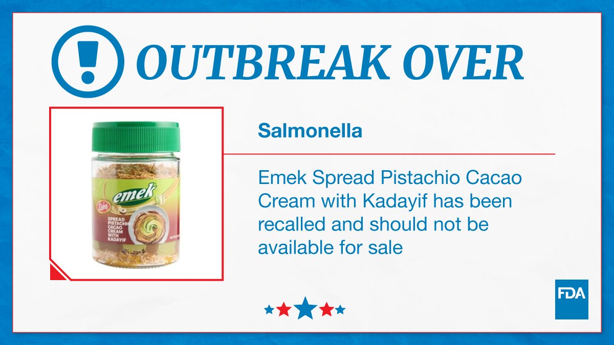 FDAfood's tweet photo. Emek Spread Pistachio Cacao Cream with Kadayif has been recalled and should not be available for sale. https://t.co/24267inIr1

The @CDCgov declares the Salmonella outbreak over, and the @US_FDA 's outbreak investigation has closed. https://t.co/TQn4IJ8PBg