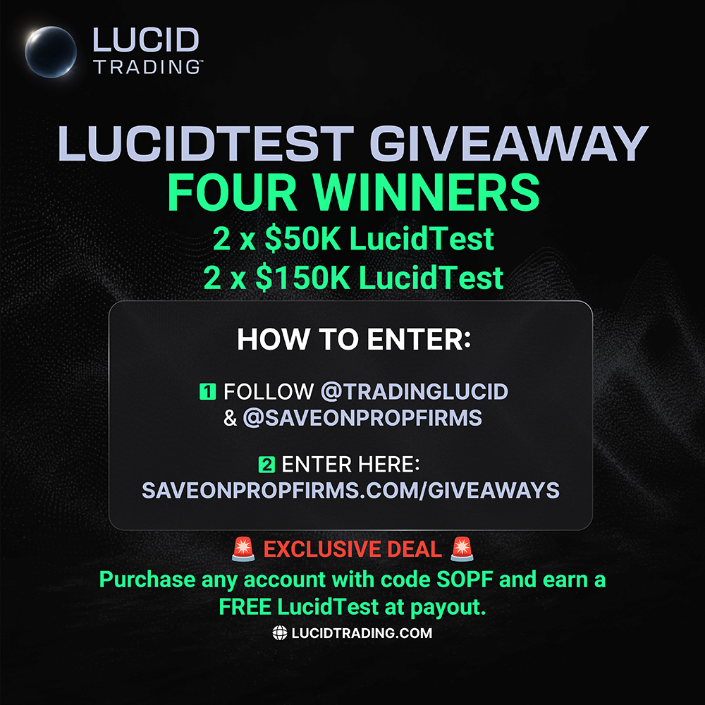 SaveOnPropFirms (@saveonpropfirms) on Twitter photo 🚨 LUCID TRADING GIVEAWAY 🚨
We’re giving away FOUR LucidTest accounts:
✨ 2 x $50K
✨ 2 x $150K
Here’s how to enter ⬇️
1️⃣ Follow <a href="/TradingLucid/">Lucid Trading</a> + @SaveOnPropFirms
2️⃣ Enter here 👉 saveonpropfirms.com/giveaways
Oh, and don’t miss the EXCLUSIVE DEAL in the graphic 👀
#FuturesTrading 🚨 LUCID TRADING GIVEAWAY 🚨
We’re giving away FOUR LucidTest accounts:
✨ 2 x $50K
✨ 2 x $150K
Here’s how to enter ⬇️
1️⃣ Follow <a href="/TradingLucid/">Lucid Trading</a> + @SaveOnPropFirms
2️⃣ Enter here 👉 saveonpropfirms.com/giveaways
Oh, and don’t miss the EXCLUSIVE DEAL in the graphic 👀
#FuturesTrading