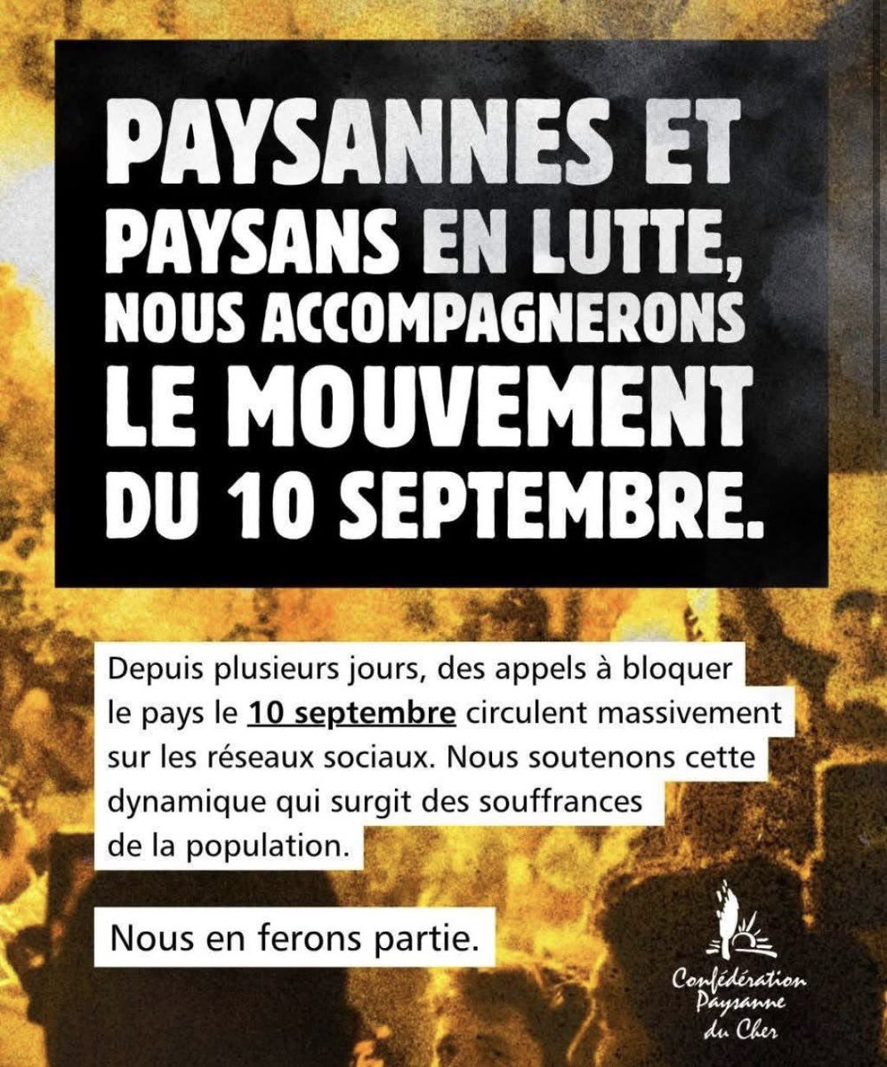 Les Insurgés 🚩 (@lesinsurges_) on Twitter photo Les paysans et paysannes de la <a href="/ConfPaysanne/">Conf' Paysanne</a> du Cher participeront au mouvement du #10septembre. #AvecMoiLe10Septembre Les paysans et paysannes de la <a href="/ConfPaysanne/">Conf' Paysanne</a> du Cher participeront au mouvement du #10septembre. #AvecMoiLe10Septembre